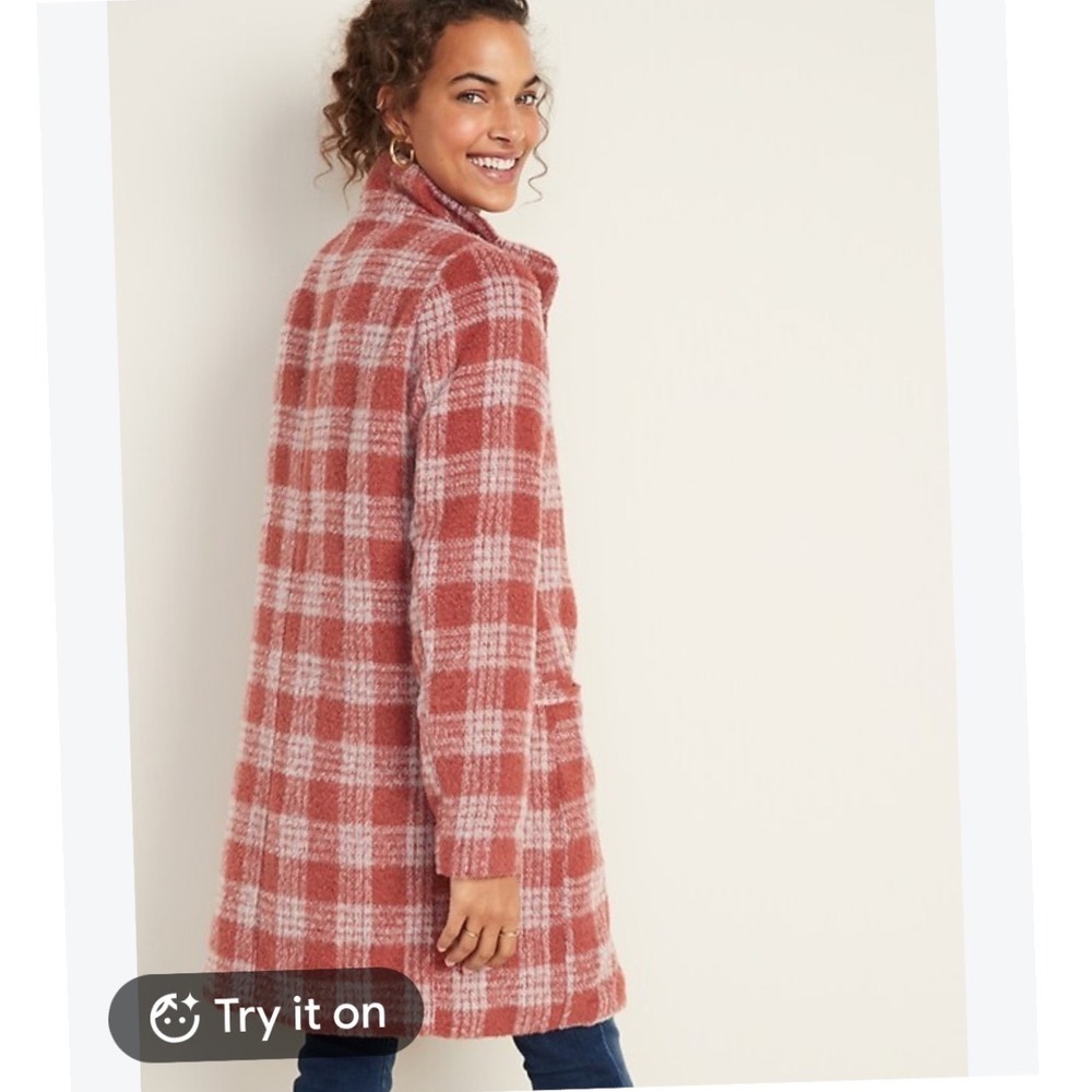 Old Navy Womens Red Plaid Wool Blend Zip Front Stand Collar Coat Size M